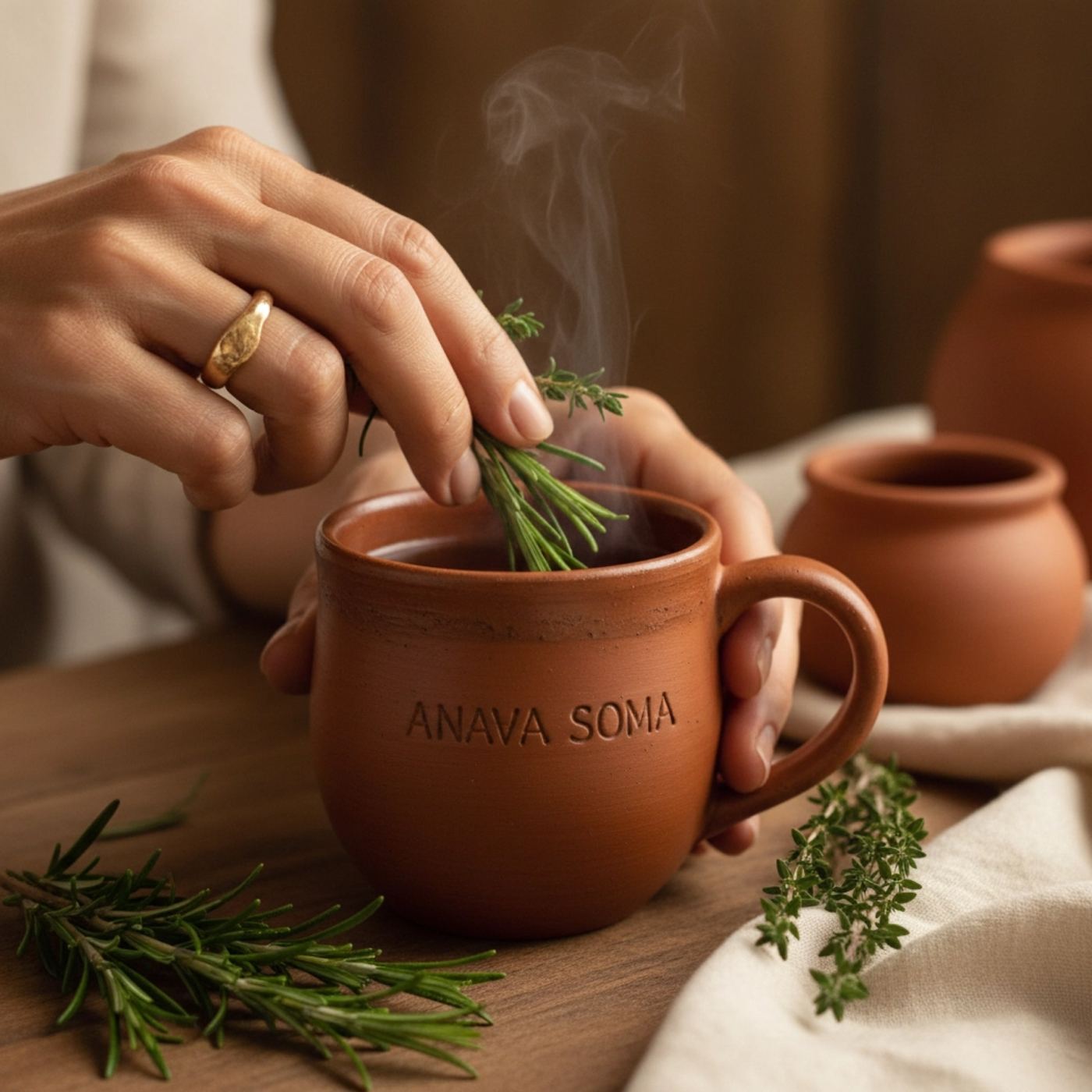 Tonbecher mit ANAVA-SOMA-Prägung, dampfender Kräutertee mit Rosmarin